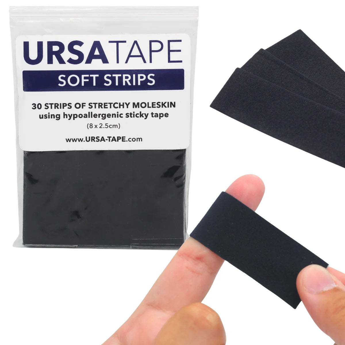 Soft moleskin hypoallergenic tape strips in black, packaged with 30 strips
