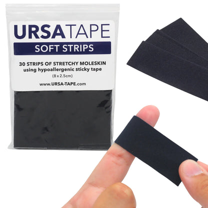 Soft moleskin hypoallergenic tape strips in black, packaged with 30 strips