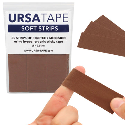 Soft moleskin hypoallergenic tape strips in brown and caramel, shown with 30 strips