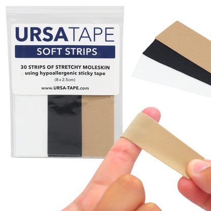 Soft moleskin tape strips in beige and black, 30-strip pack shown