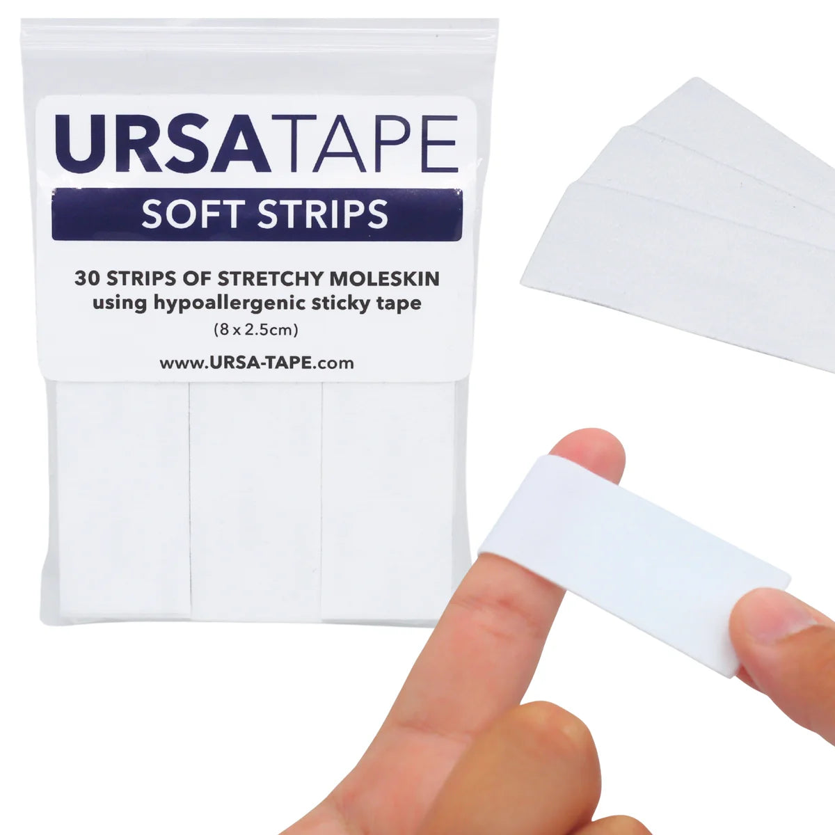 Soft moleskin hypoallergenic tape strips in light color, held for application
