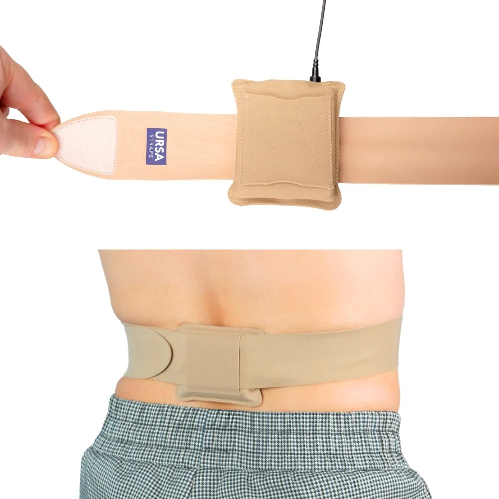 Beige URSA belt with attached small fabric pouches and adjustable strap
