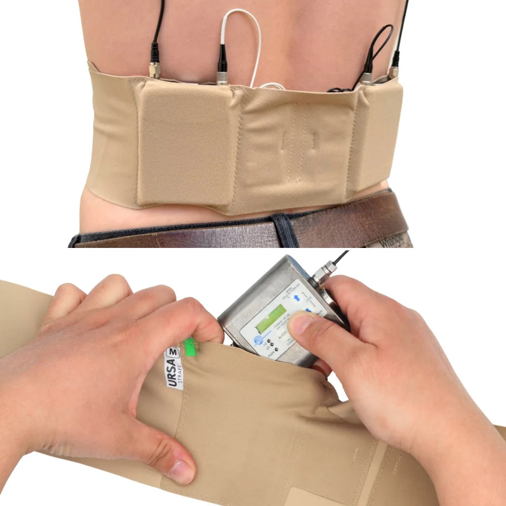 Beige double pouch waist strap worn at waist with phone in one pouch