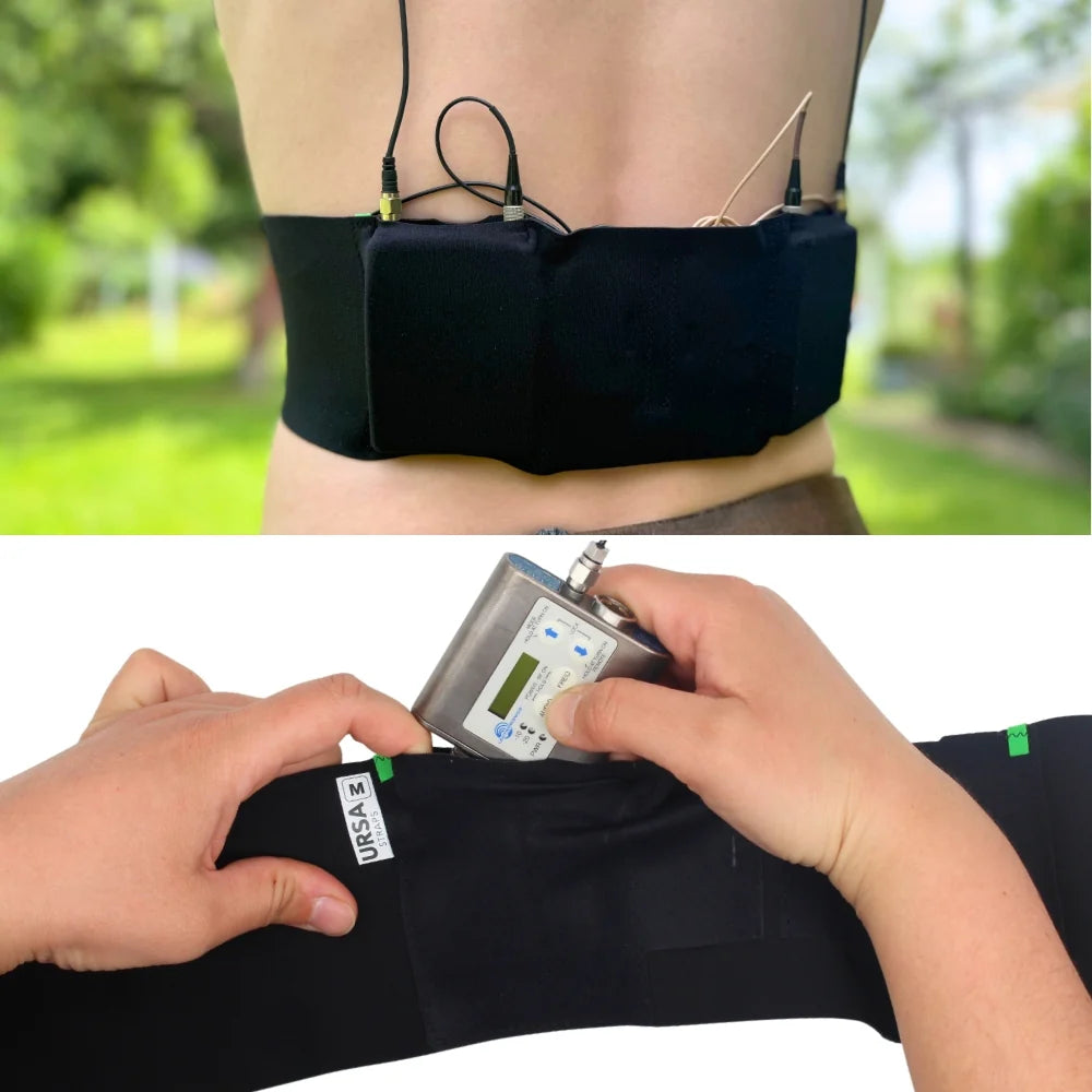 Double pouch waist strap in black, worn at waist with two cable openings