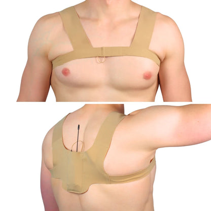 Beige adjustable strap pouch worn across chest with front pocket