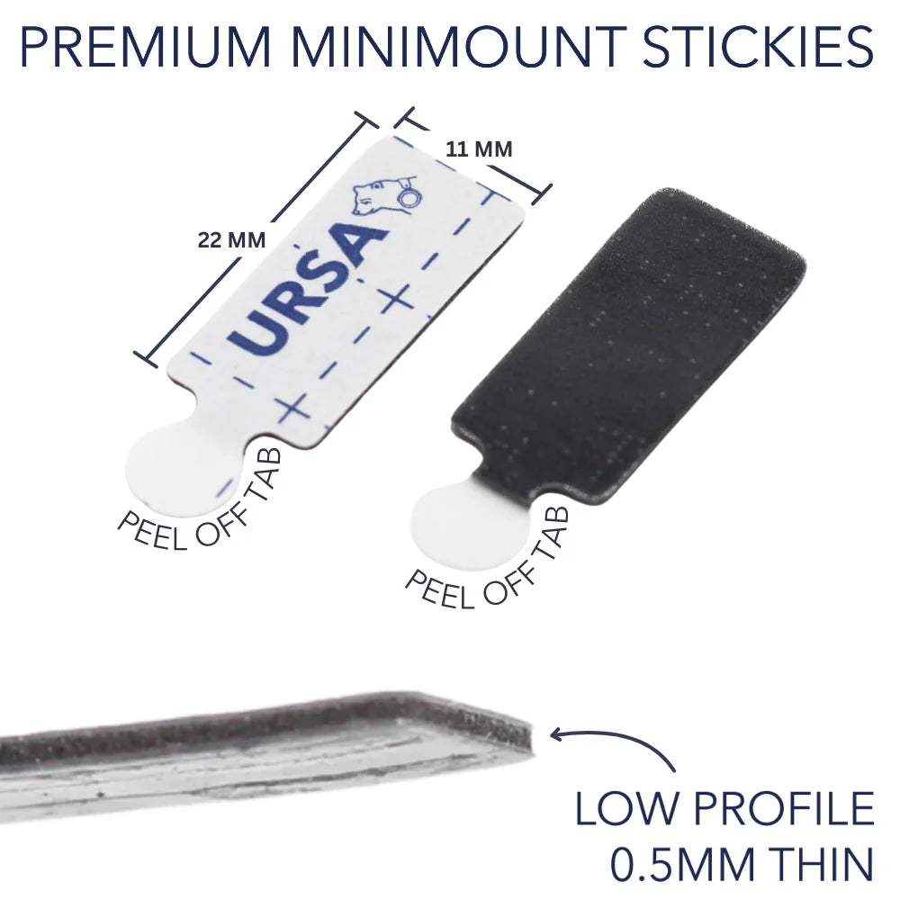 Low profile mini mount adhesive pads with peel-off tabs, thin profile shown