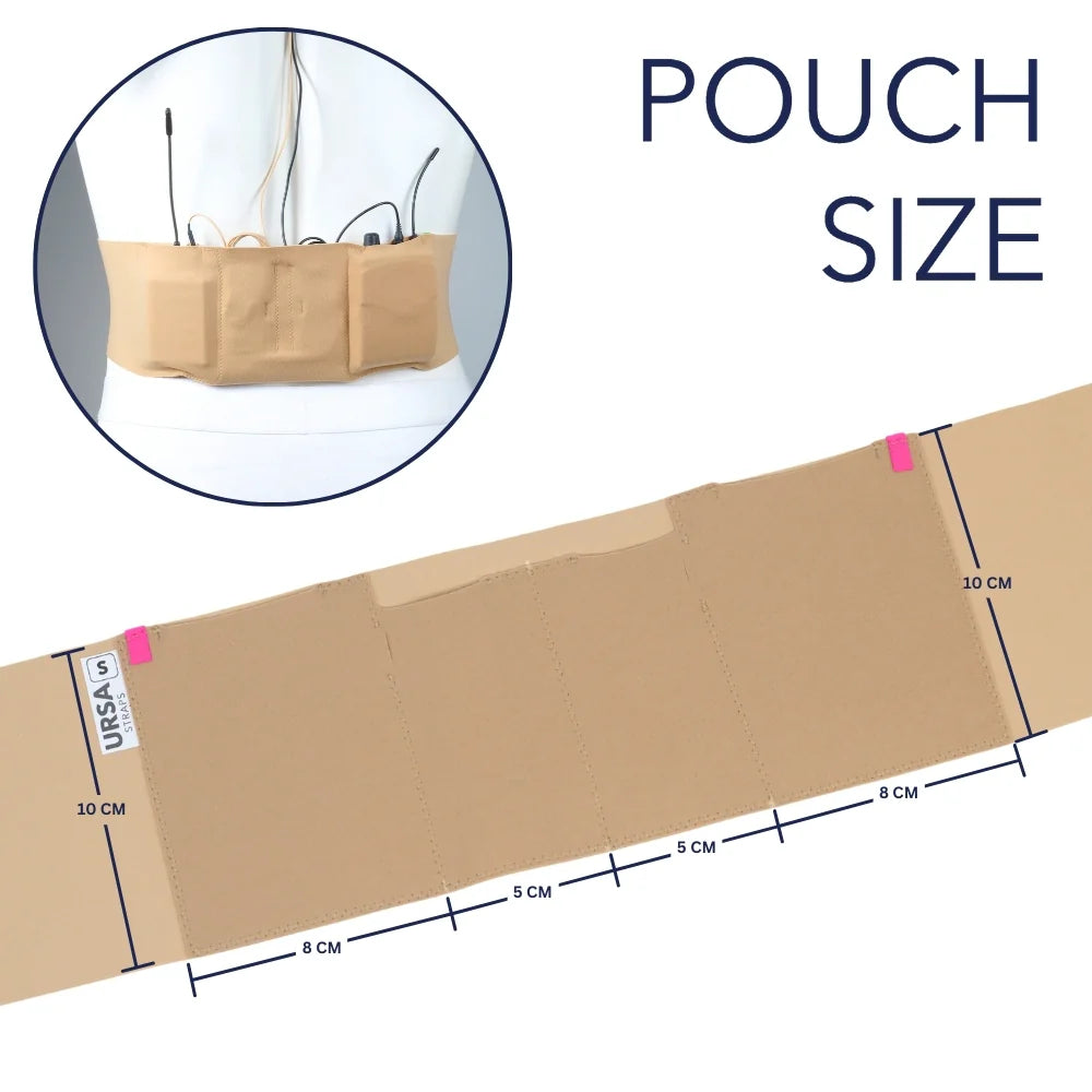 Beige double pouch waist strap with pouch size measurements and layout markings