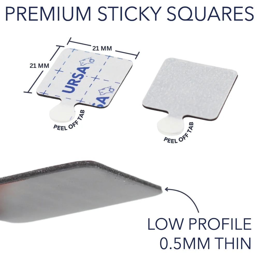 Low-profile 0.5 mm sticky square pad, 21 mm with peel-off tab