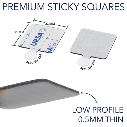 Low-profile 0.5 mm sticky square pad, 21 mm with peel-off tab