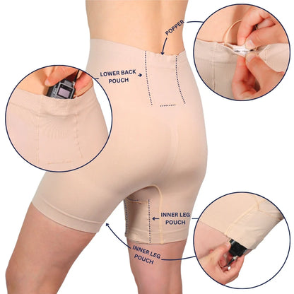 Beige shapewear shorts with lower back pouch and inner leg pouch detail