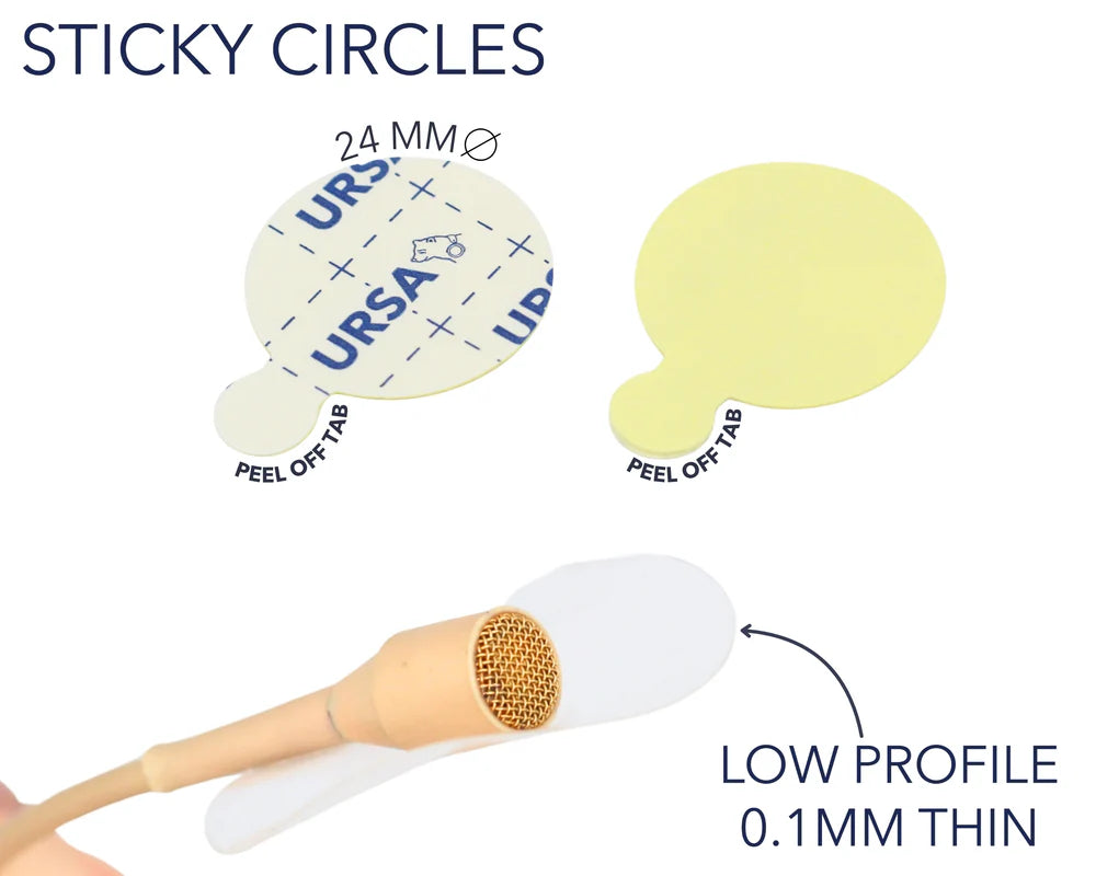 Low-profile thin yellow adhesive circles with peel-off backing