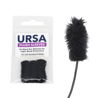 Plush fur microphone sleeve with black fur, shown with a packaged set