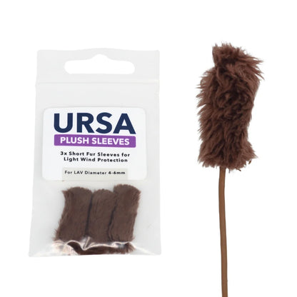 Plush fur microphone sleeves in brown, shown in a pack with one fur-covered sleeve