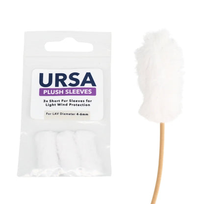 Plush fur microphone sleeves in white, shown in a pack with one fur-covered sleeve