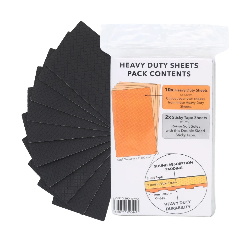 Pack of dark gray heavy duty sole sheets with orange backing and sticky tape