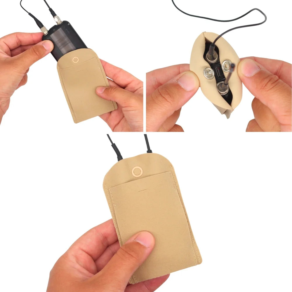 Tan performance pouch with lanyard and metal connector details