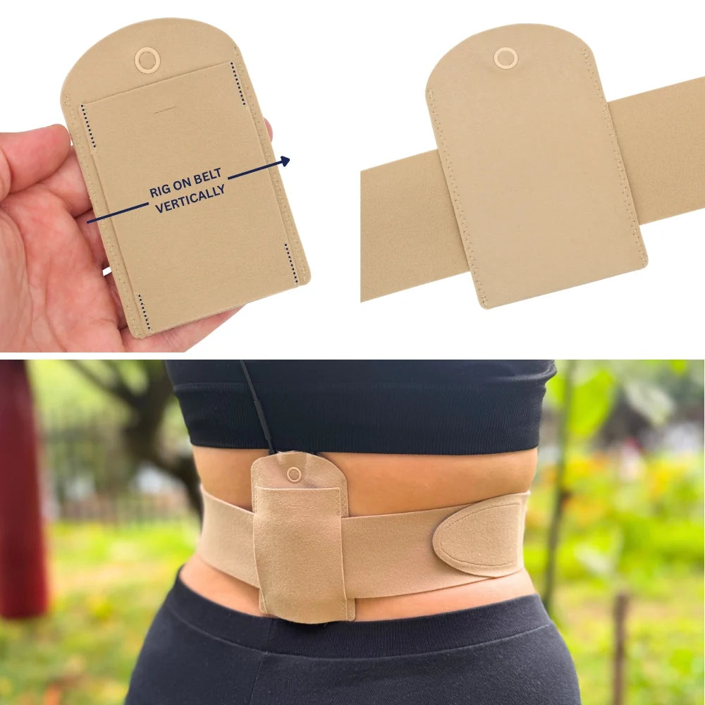 Tan performance pouch worn on belt with vertical rigging strap