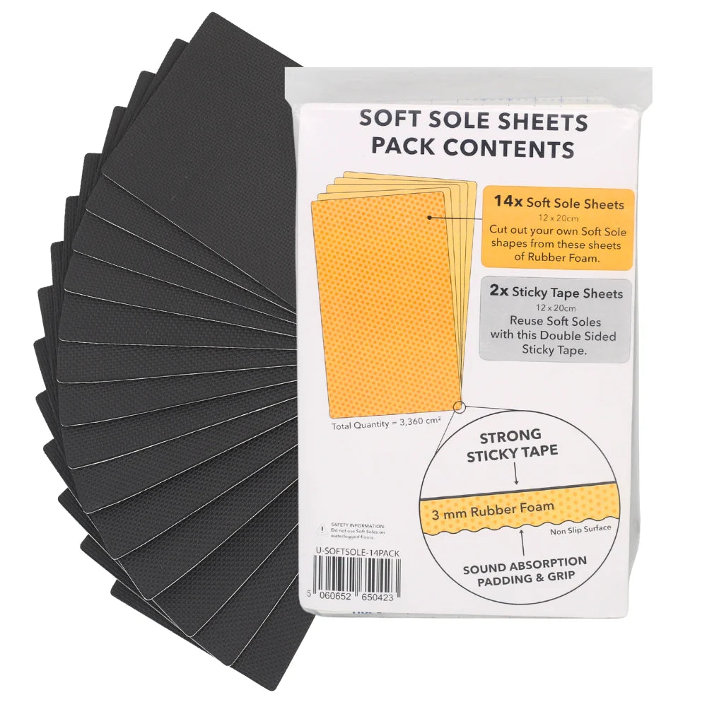 Pack of dark gray soft sole sheets with orange backing and sticky tape