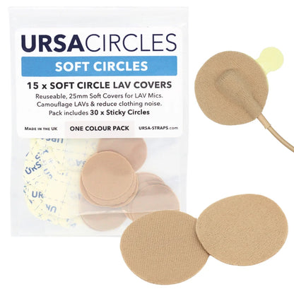 Beige round LAV mic soft cover pads with stickies and a mic attachment.