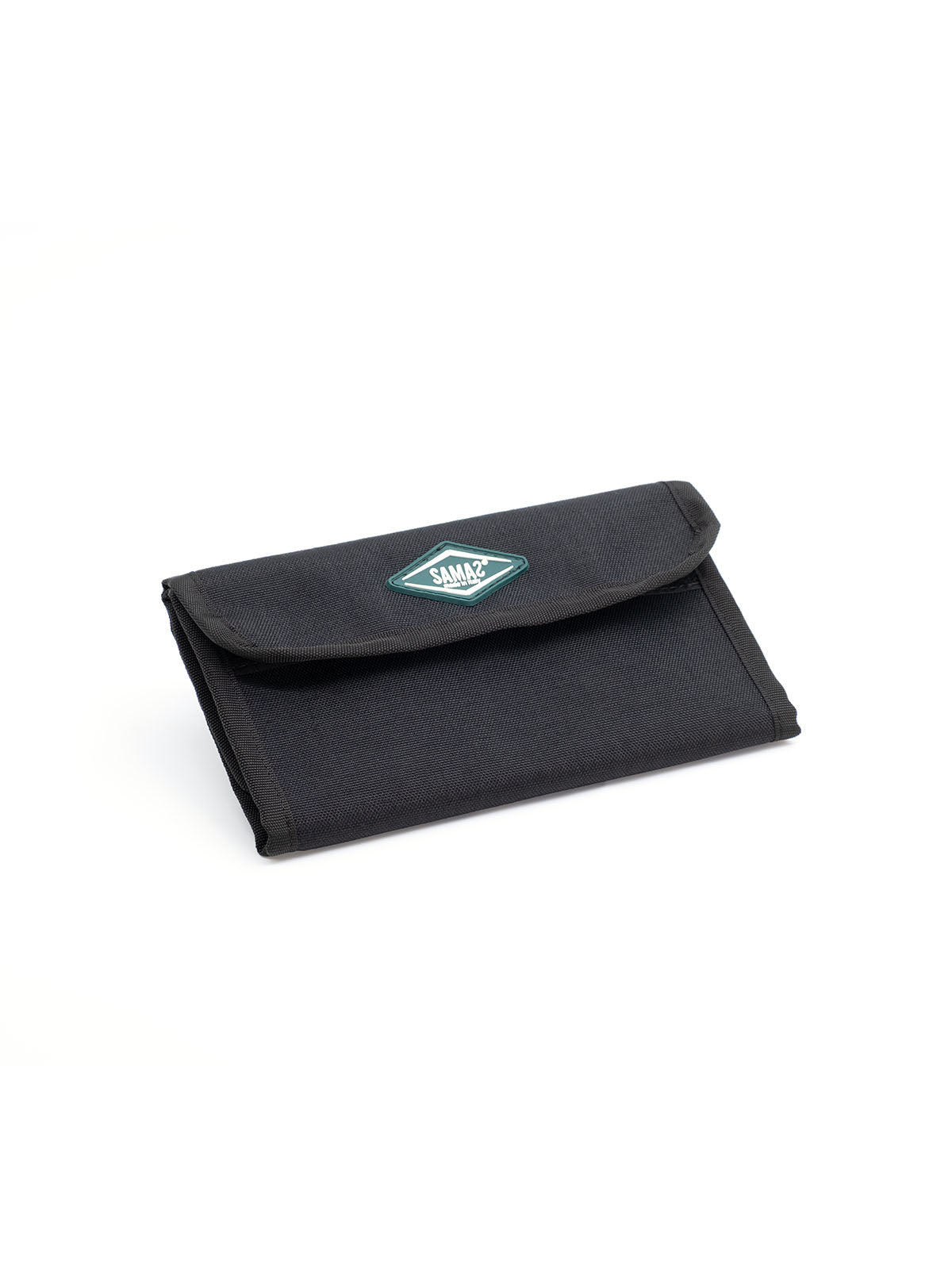 Compact black cap pouch with flap and teal logo patch