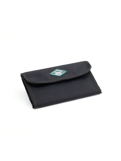 Compact black cap pouch with flap and teal logo patch