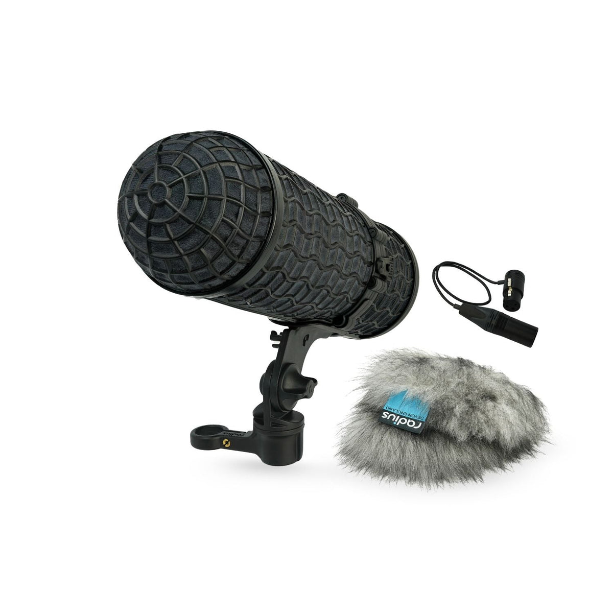 Black handheld microphone kit with gray furry windscreen and 3-pin XLR cable