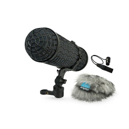 Black handheld microphone kit with gray furry windscreen and 3-pin XLR cable