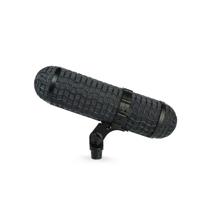 Black cylindrical microphone head with textured grille and attached mount