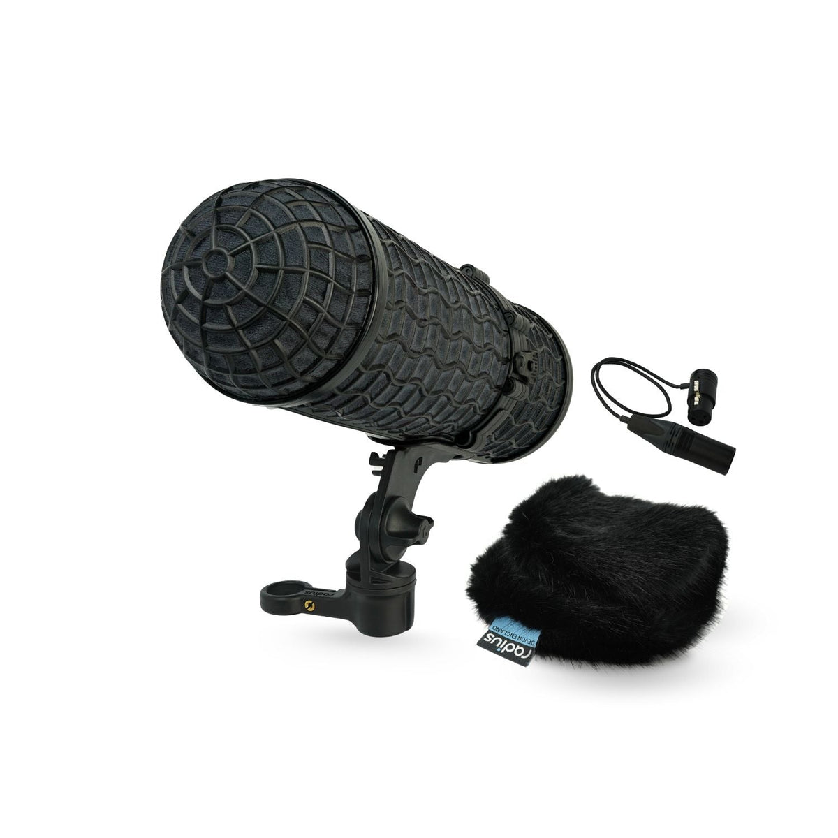 Black handheld microphone kit with black foam windscreen and 3-pin XLR cable