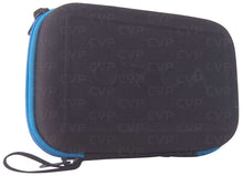 Hard shell accessory bag, dark with blue zip trim and wrist strap