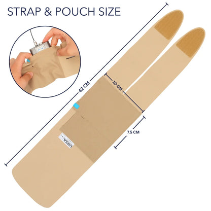 Beige ankle and calf strap with pouch, showing strap length and pouch dimensions