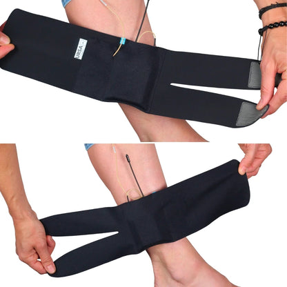 Black ankle and calf strap with front pouch pocket, worn on lower leg