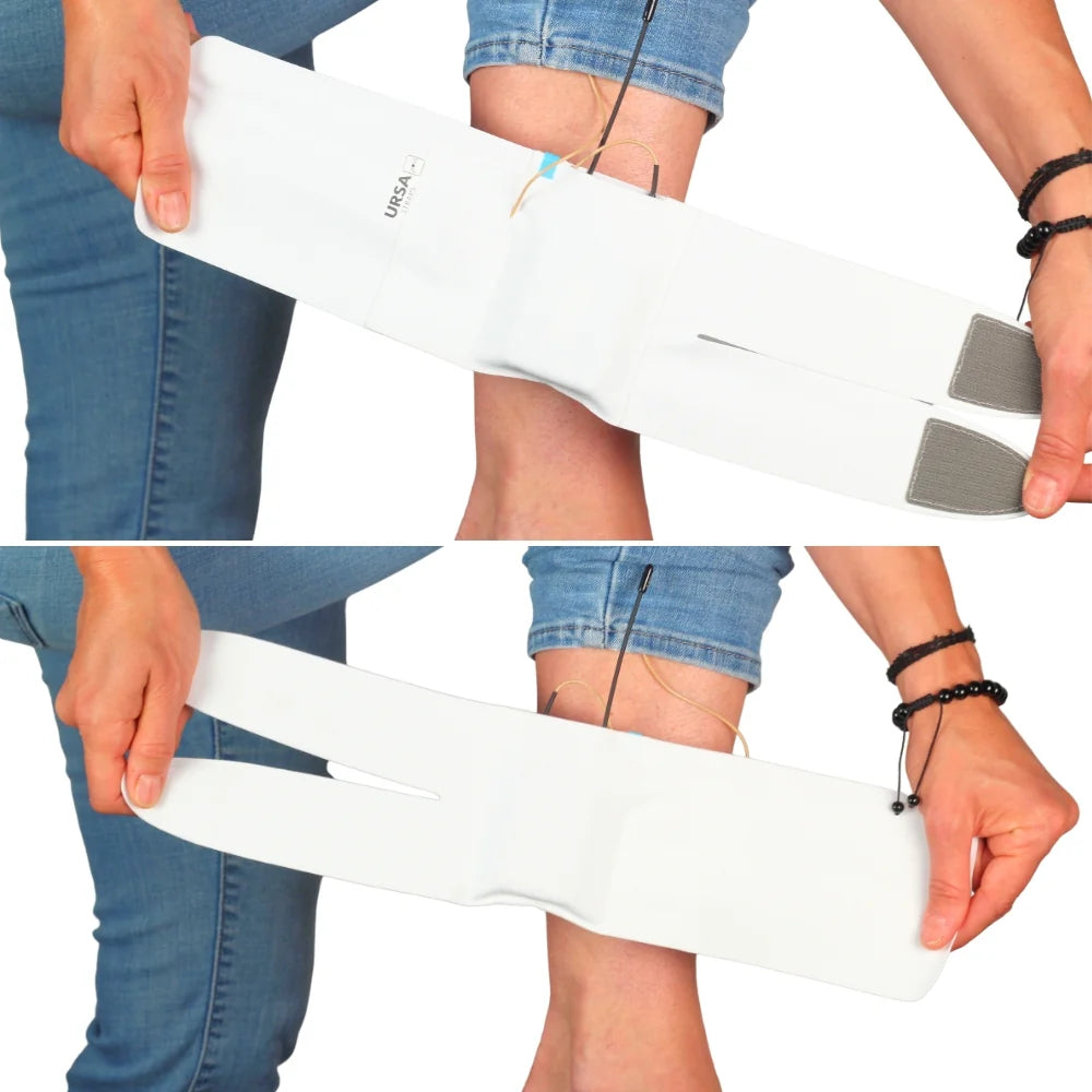 White ankle and calf strap with front pouch pocket and cord opening, worn on lower leg