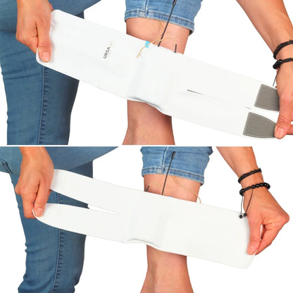 White ankle and calf strap with front pouch pocket and cord opening, worn on lower leg
