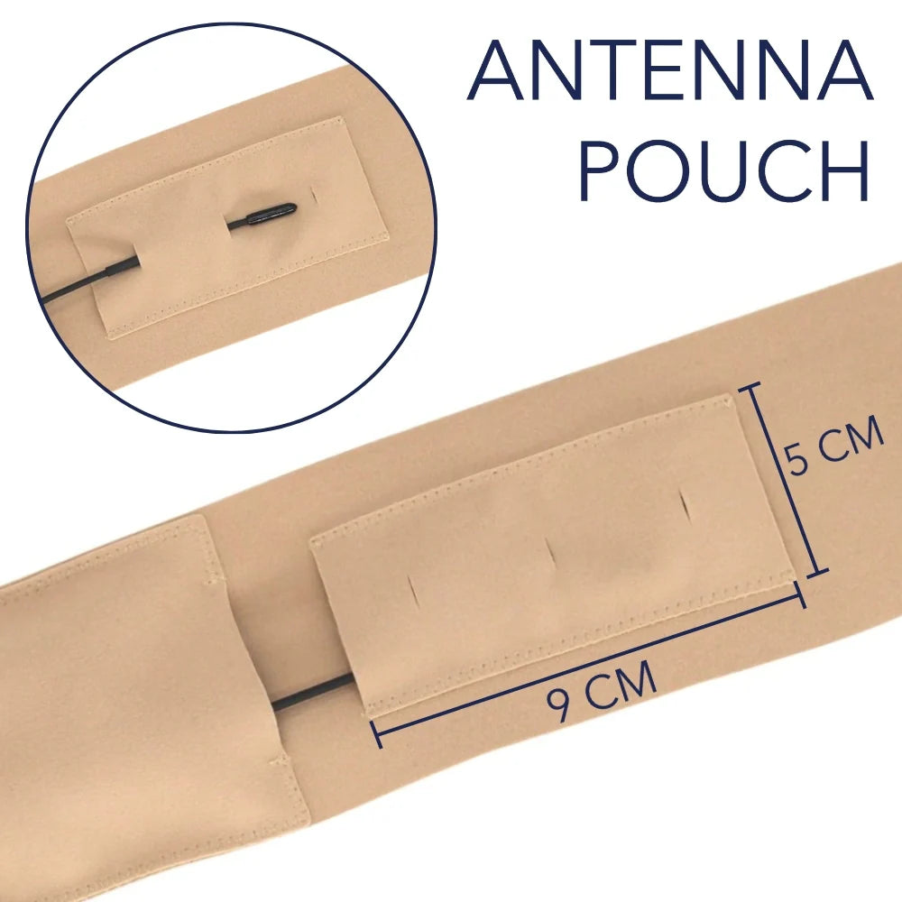 Beige antenna pouch strap with front pocket flap and stitched internal opening