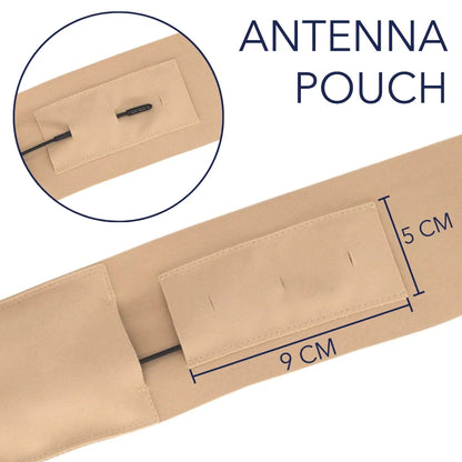 Beige antenna pouch strap with front pocket flap and stitched internal opening