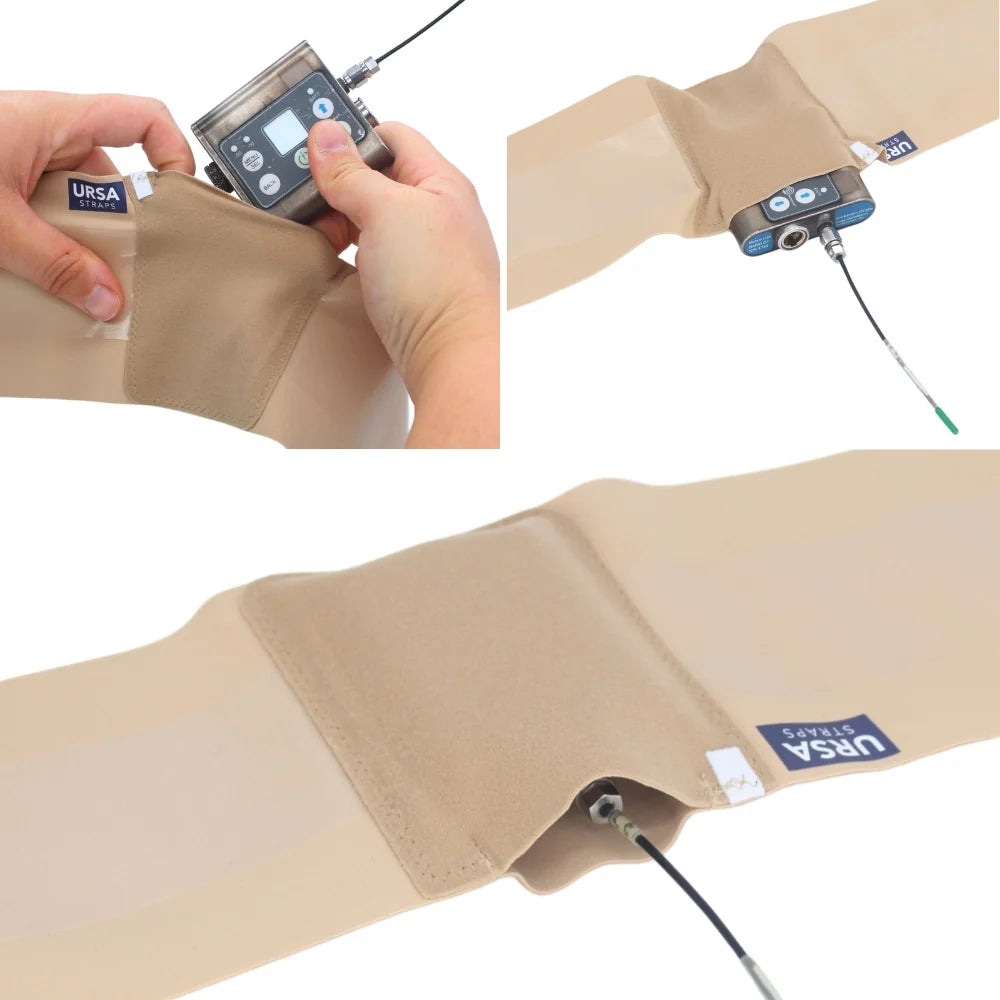 Beige calf strap holding a sound device at the ankle with attached cable.