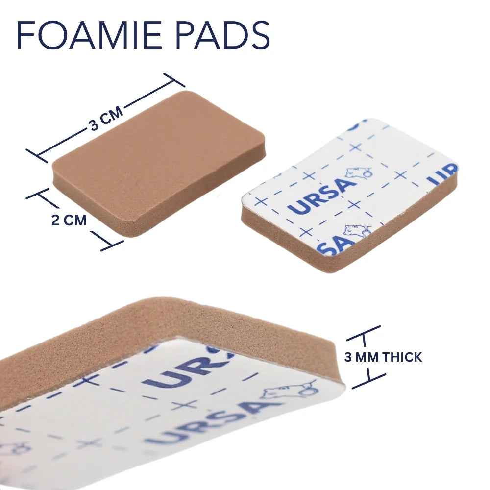 Caramel foam pad dimensions: 3 x 2 cm, 3 mm thick, with adhesive backing