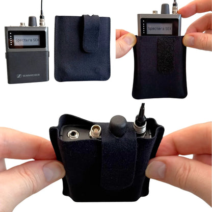Black pouch with interior slots and snap poppers, holding wireless devices