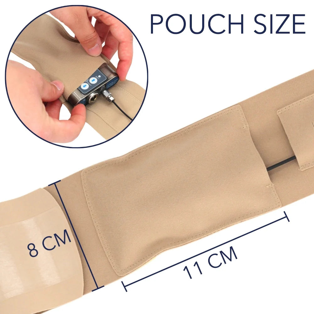 Beige thigh pouch strap with front pocket and measured strap-and-pouch width
