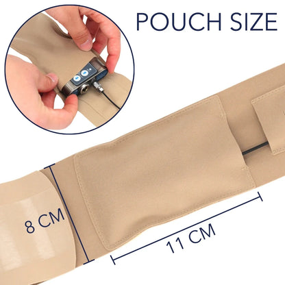 Beige thigh pouch strap with front pocket and measured strap-and-pouch width