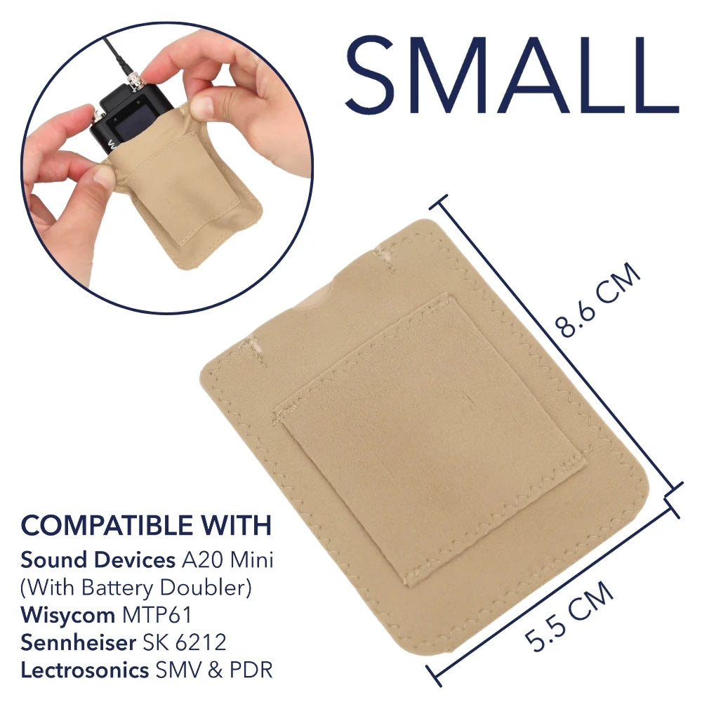 Beige small belt pouch with front pocket and flap, 8.6 x 5.5 cm