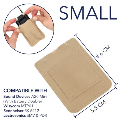Beige small belt pouch with front pocket and flap, 8.6 x 5.5 cm