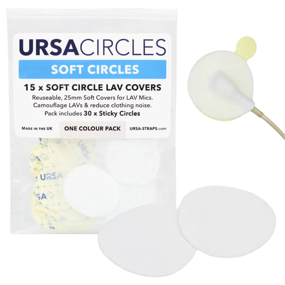 White round LAV mic soft cover pads with stickies and a mic attachment.