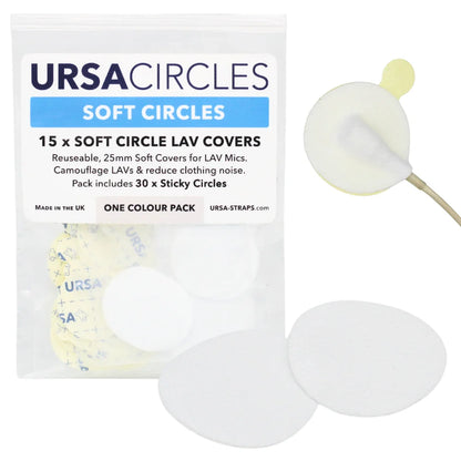 White round LAV mic soft cover pads with stickies and a mic attachment.