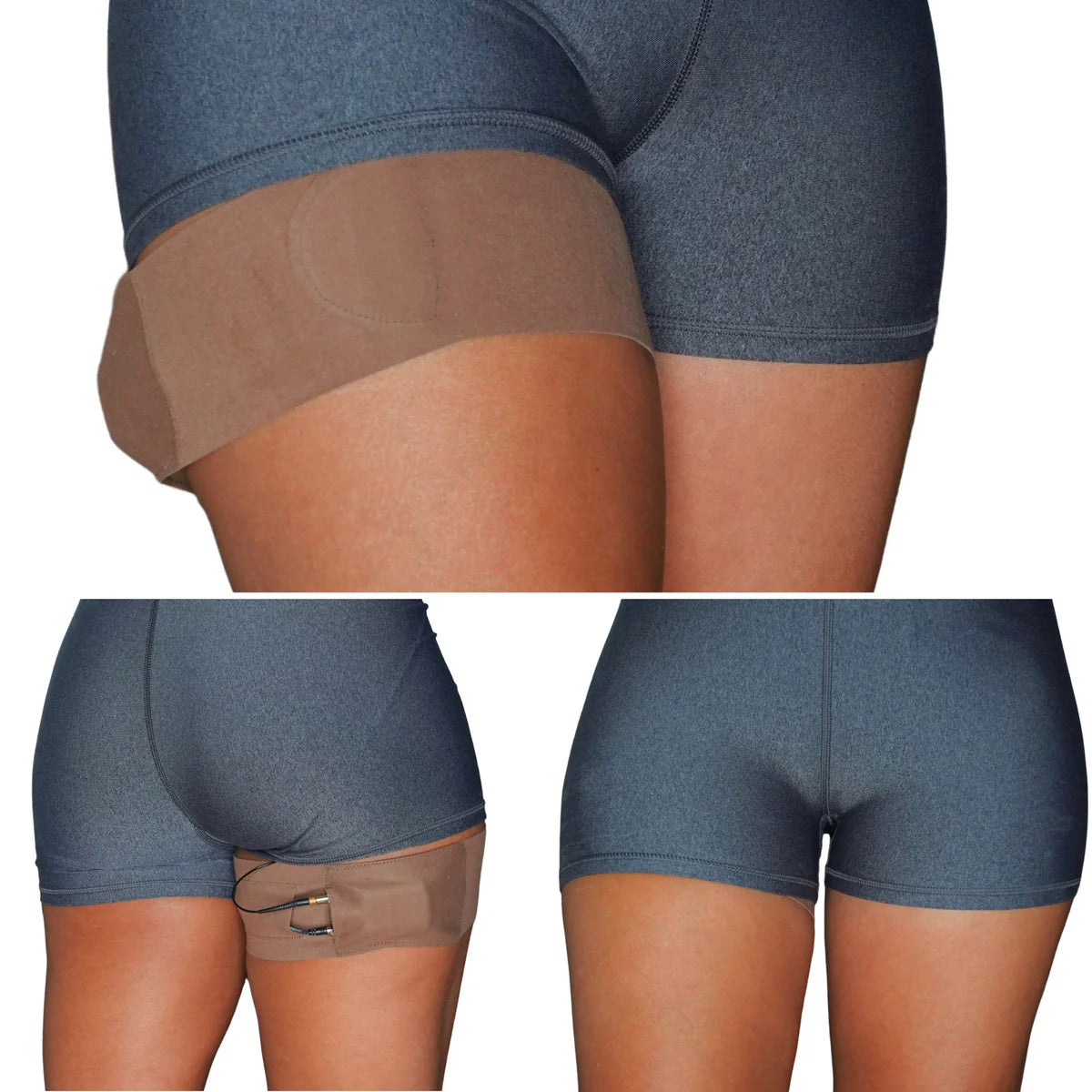 Dark charcoal thigh pouch strap worn on leg with side pocket and gripper panel