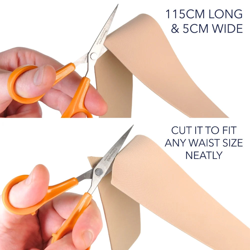 Beige URSA belt strap being cut to fit with scissors, plus pouch area preview