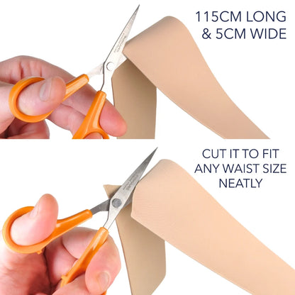 Beige URSA belt strap being cut to fit with scissors, plus pouch area preview