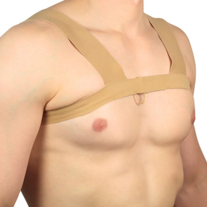 Beige chest strap pouch with open center pocket and adjustable cord