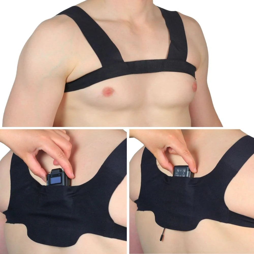 Black strap pouch across chest with front pocket and device insertion